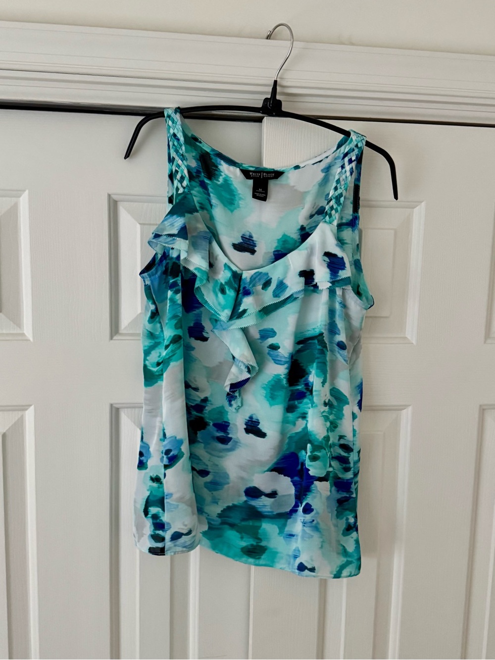 White House/Black Market Teal & Blue Watercolor Ruffle Camisole